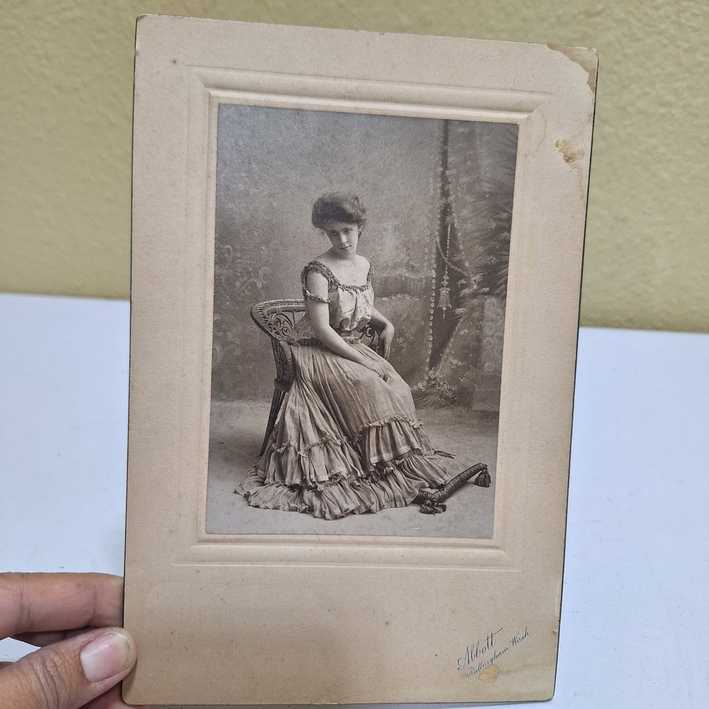Antique Victorian Woman Cabinet Card Photo Abbott Bellingham WA Ruffled Gown
